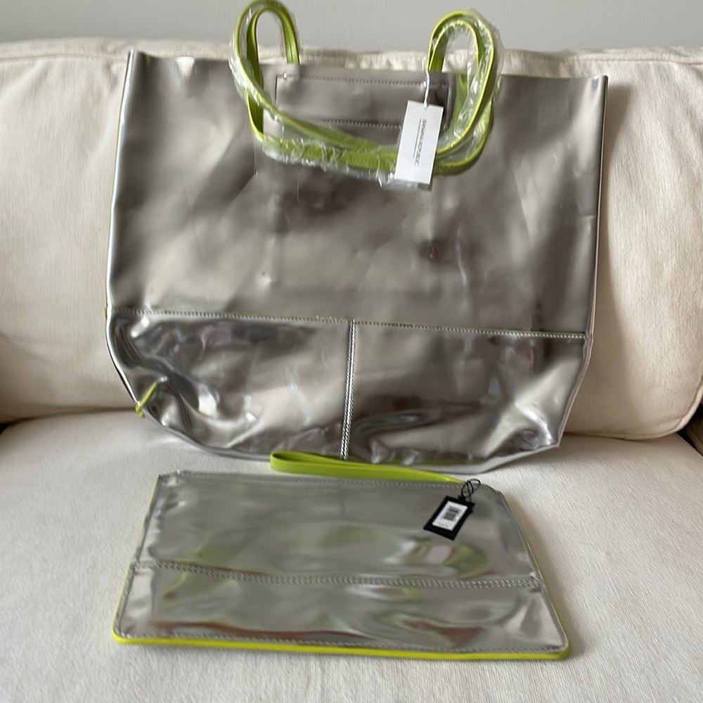 Banana Republic Metallic Silver Tote with Lime Accents